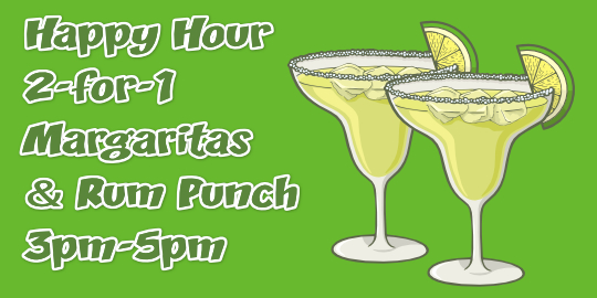 Enjoy 2-4-1 Margaritas and Rum Punch during Happy Hour 3pm-5pm at The Beach House Restaurant & Bar, Playa Potrero, Flamingo, Costa Rica Happy Hour at The Beach House Bar & Restaurant